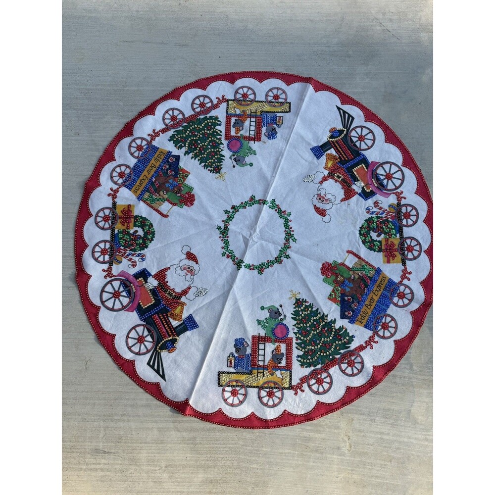 Christmas Tree Skirt Vintage Bucilla "Teddy Bear Express" Felt Handmade 35"